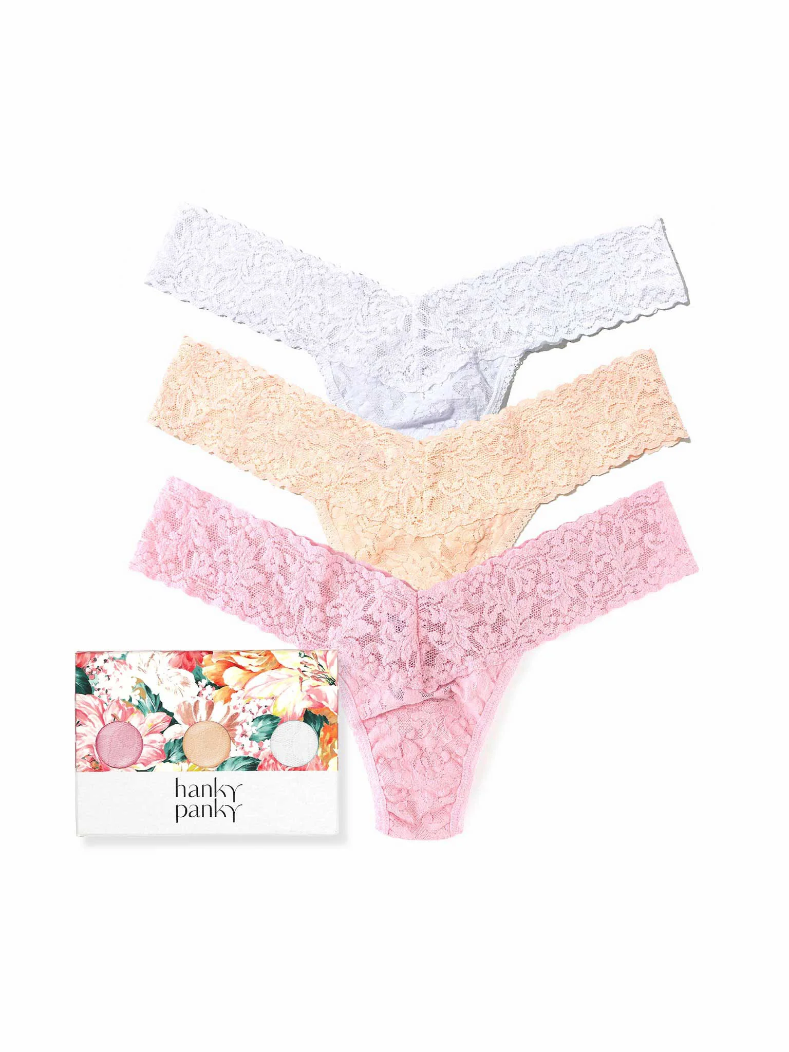 3 Pack Signature Lace® Low Rise Thongs In Printed Box Sunrise Neutrals