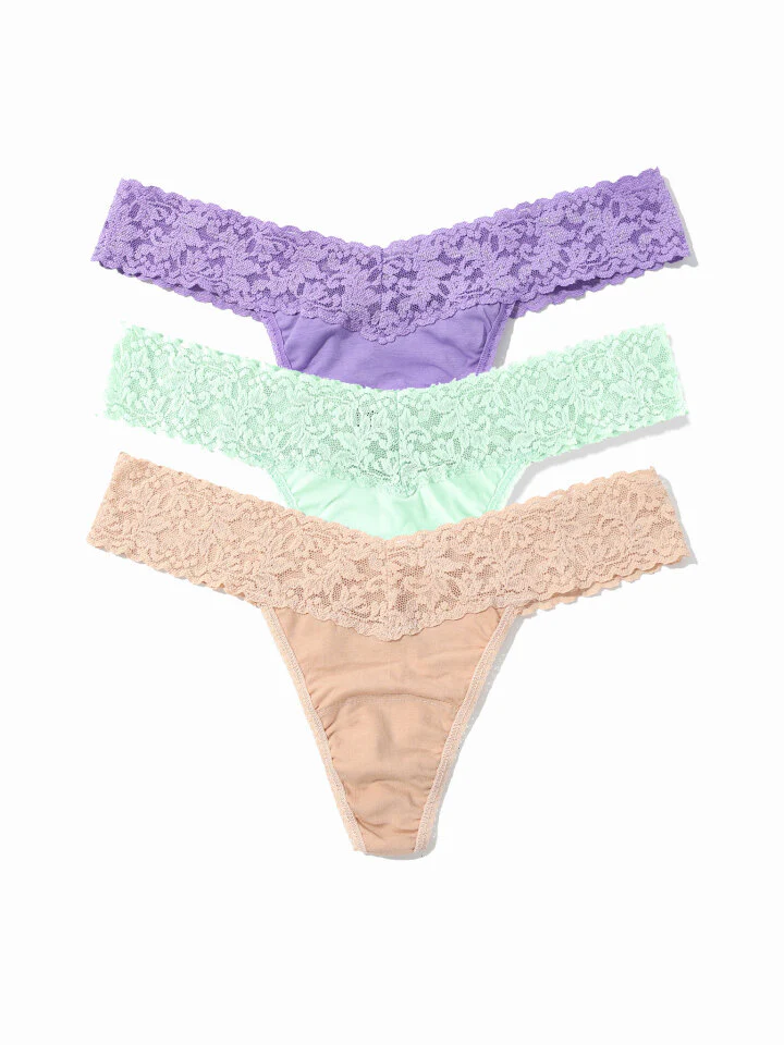 3 Pack Supima® Cotton Low Rise Thongs With Lace Spring Hues - Image 2