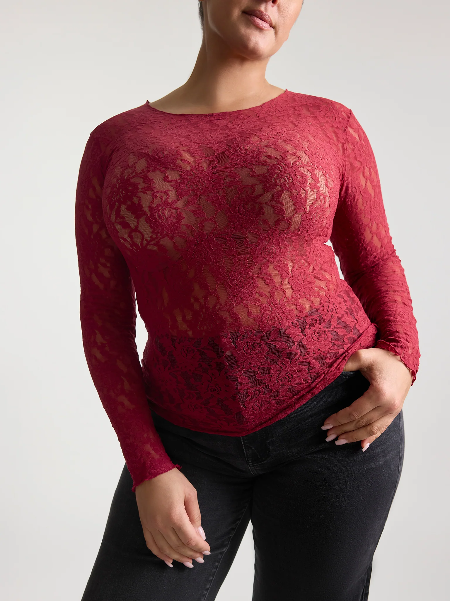 Plus Size Signature Lace® Long Sleeve Top Wild Berries Red Sale - Image 2